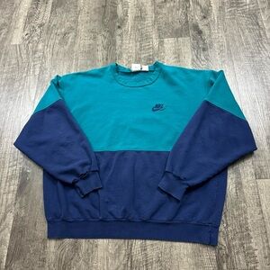 Vintage 90s Nike Two Tone Colorblock Sweatshirt Distressed Thrashed Teal Navy